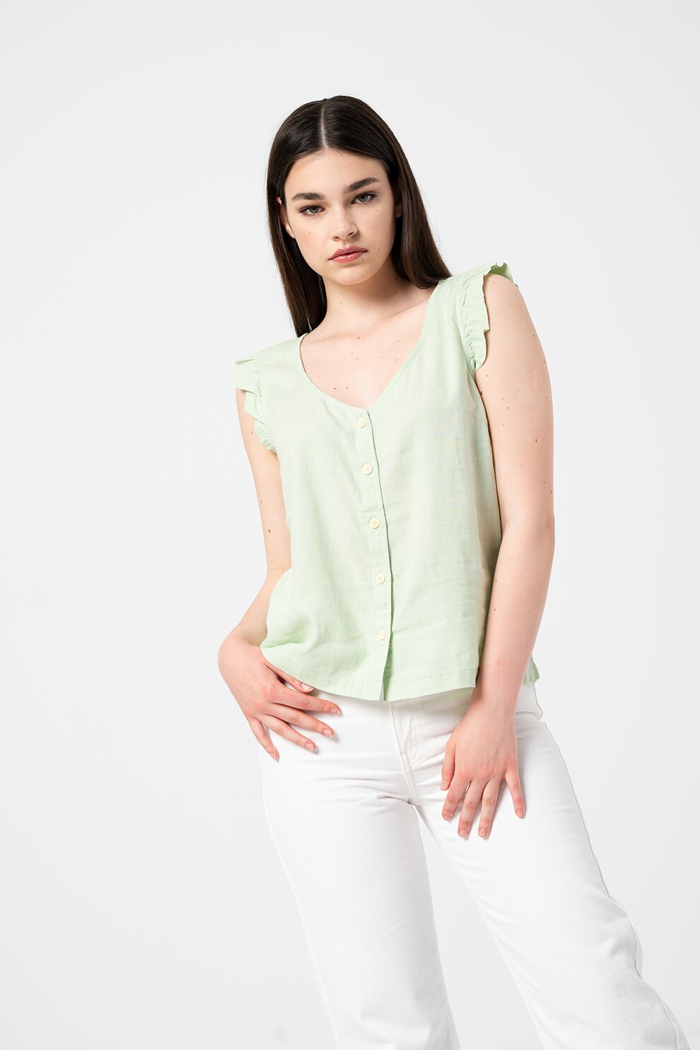 Tom Tailor, Top din amestec de in cu decolteu in V, Verde menta