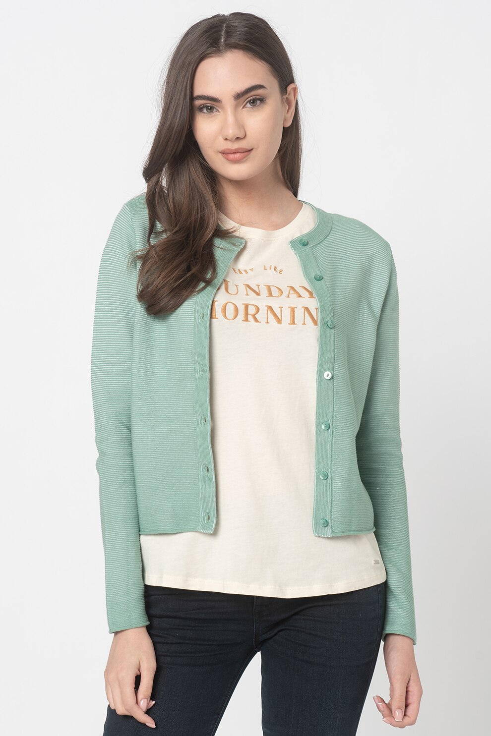 Tom Tailor, Cardigan crop cu aspect texturat, Verde