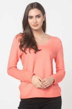 Tom Tailor, Pulover striat cu decolteu in V, Roz somon/Alb, XS Tom Tailor, Pulover striat cu decolteu in V, Roz somon/Alb, XS