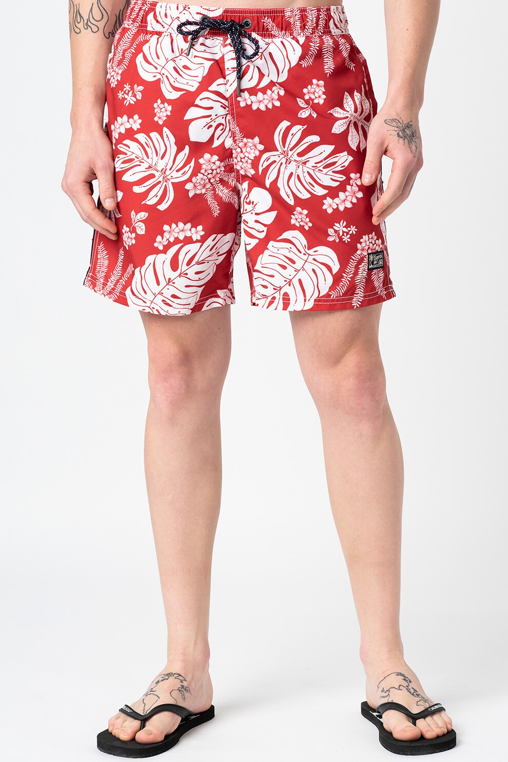 SUPERDRY, Pantaloni scurti de baie Campus Hawaiian, Rosu/Alb