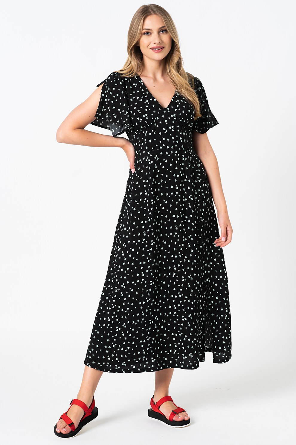 Tom Tailor, Rochie midi evazata cu imprimeu floral, Negru/Verde deschis