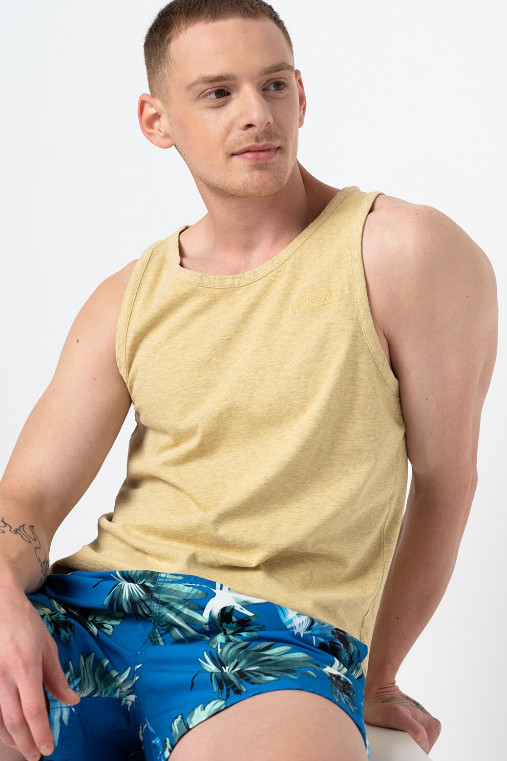 SUPERDRY, Top din bumbc organic cu decolteu rotund, Galben melange