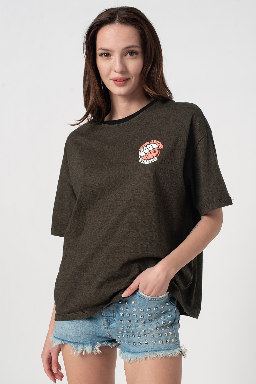 SUPERDRY, Tricou lejer cu decolteu la baza gatului si logo, Verde melange