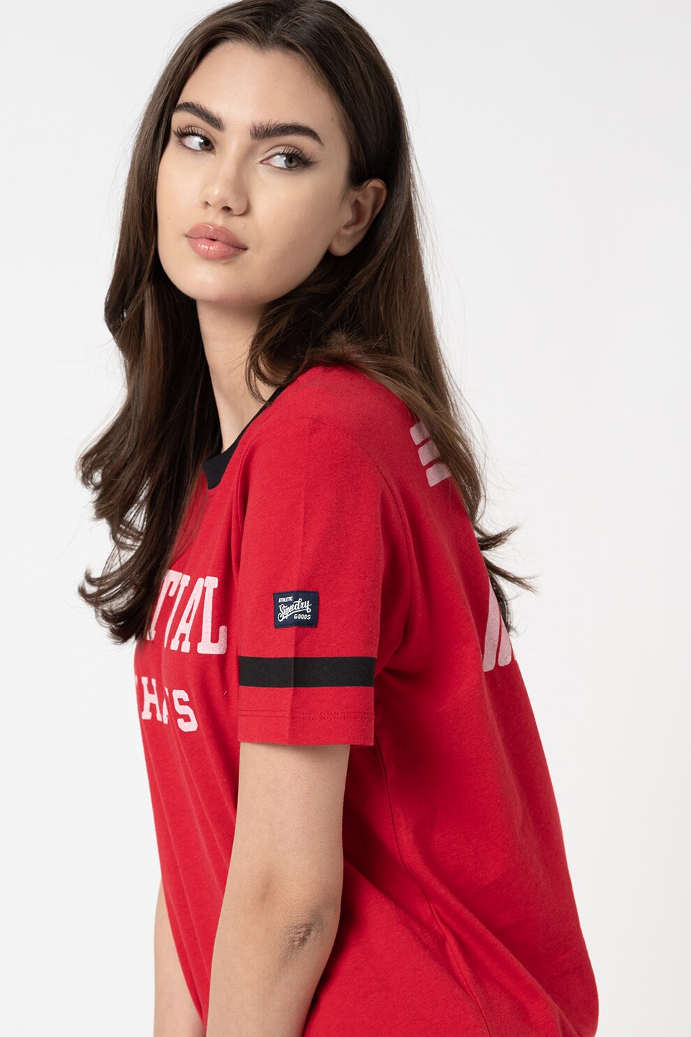 SUPERDRY, Tricou din amestec de in cu imprimeu text Collegiate Ivy, Rosu