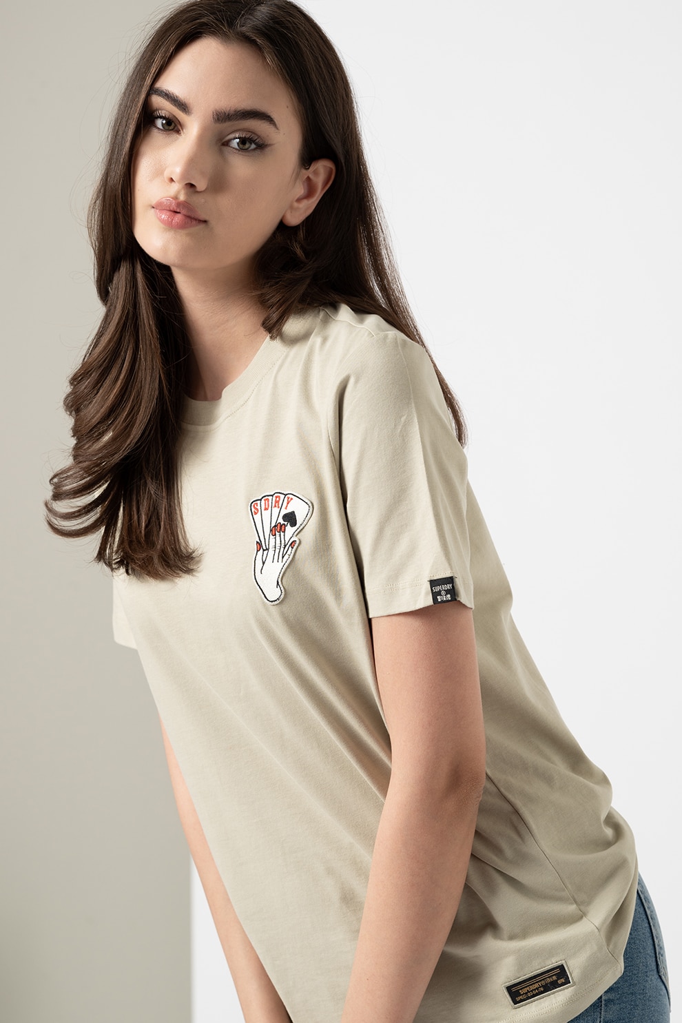 SUPERDRY, Tricou cu decolteu la baza gatului regular fit, Grej