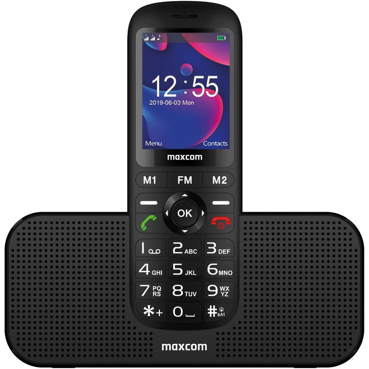 MaxCom MM740 Mobiltelefon, Kártyafüggetlen, Dual SIM, Fekete + Töltő dokkoló