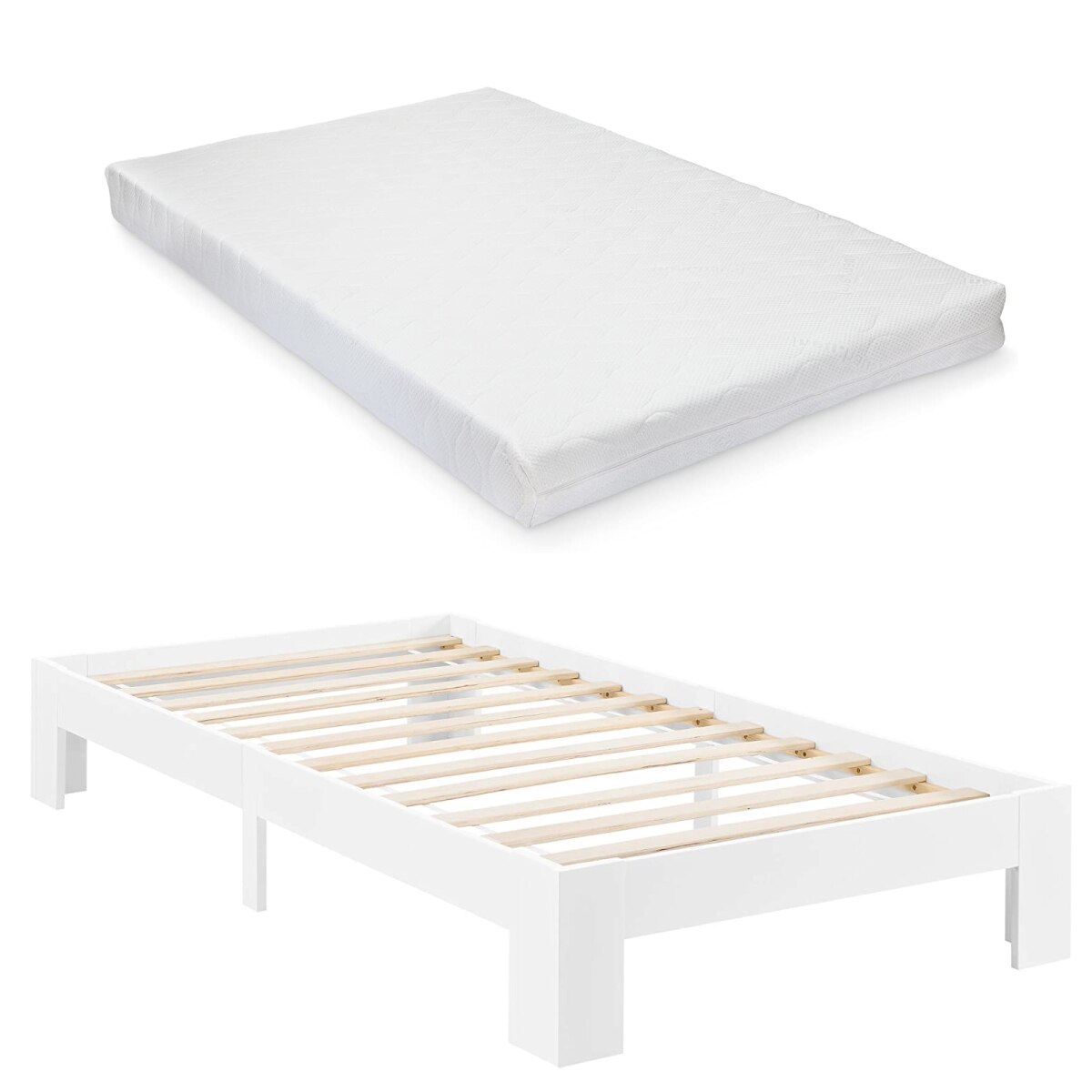 Pat rama lemn Raisio 100W, en.casa, 100 x 200 cm, lemn de brad/PAL,100 Kg, alb mat, pentru 1 persoana, cu saltea si gratar pat