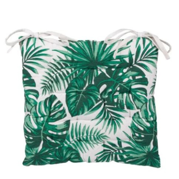 Perna scaun model frunze, sistem de prindere, bumbac, alb/verde, 40x40x5 cm