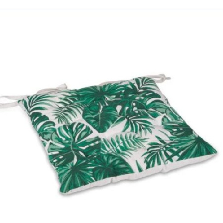 Perna scaun model frunze, sistem de prindere, bumbac, alb/verde, 40x40x5 cm