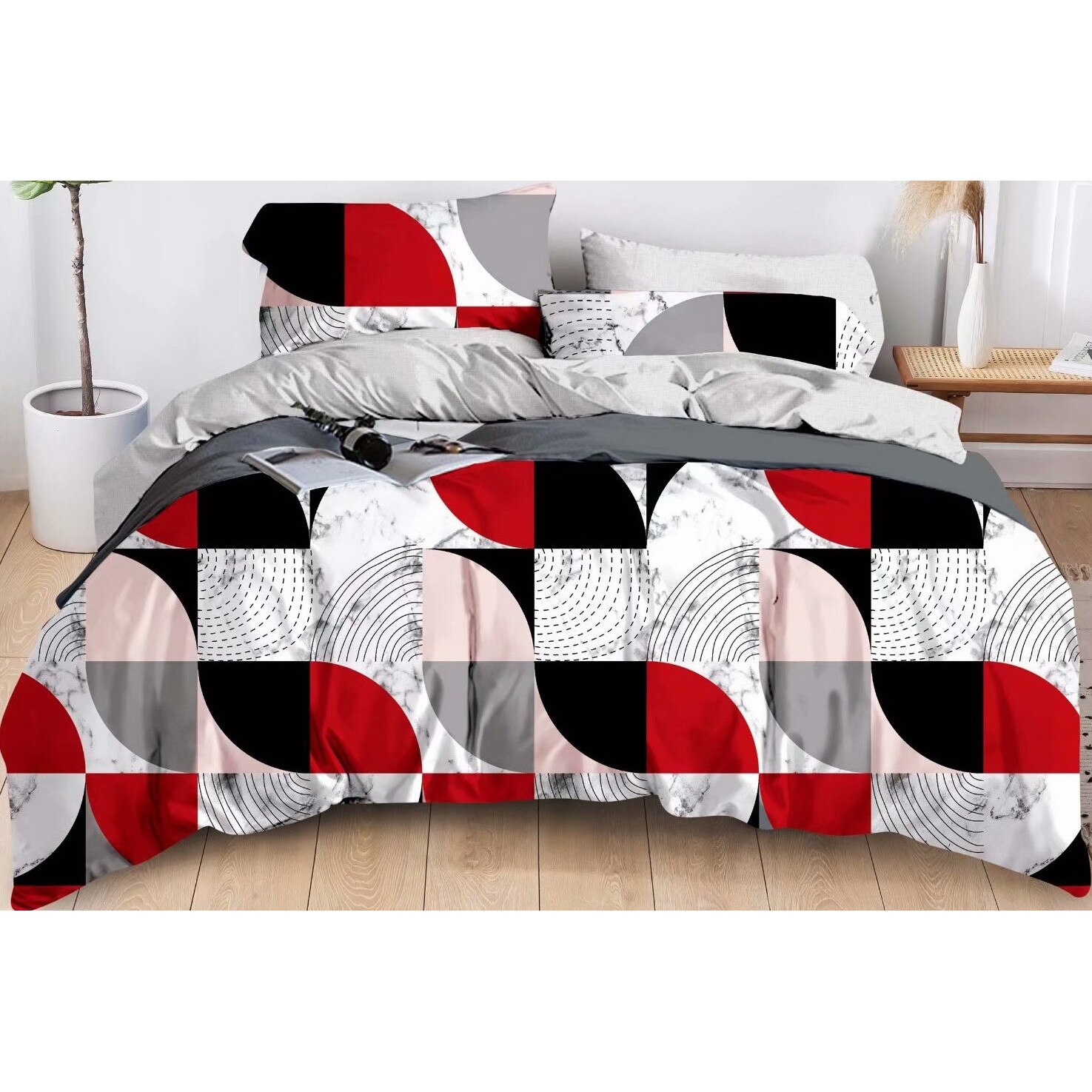Lenjerie din finet pentru pat dublu, 6 piese, Evia Home, model Red Black Patern