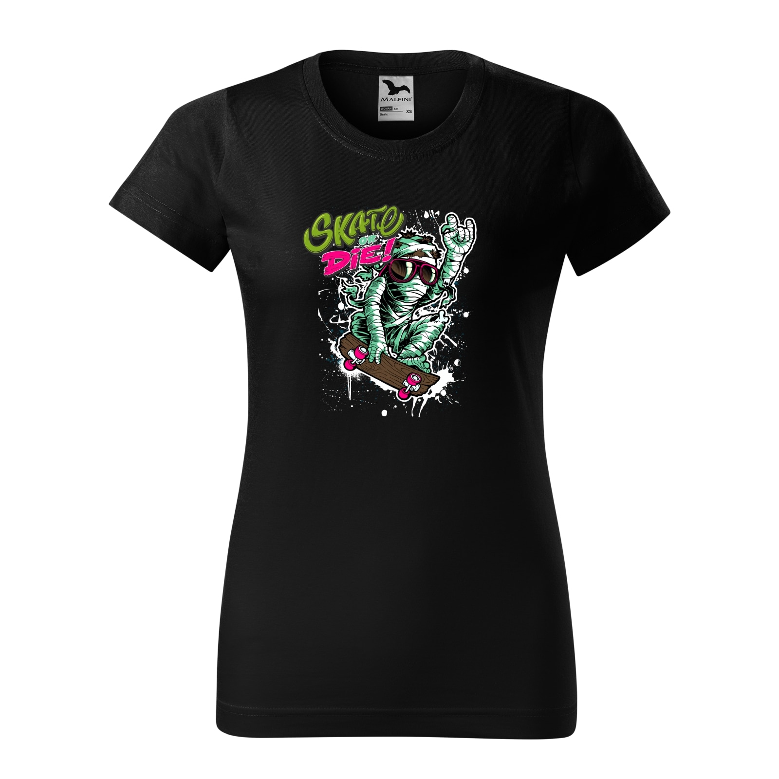 Tricou clasic, la baza gatului, negru, pentru dama, idee de cadou pentru pasionatii de skateboard, Skate or Die Mummy, marime L