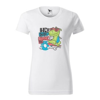 Tricou clasic, la baza gatului, alb, pentru dama, idee de cadou pentru pasionatii de skateboard, Hey Dude Gimme 5, marime XS Tricou clasic, la baza gatului, alb, pentru dama, idee de cadou pentru pasionatii de skateboard, Hey Dude Gimme 5, marime XS
