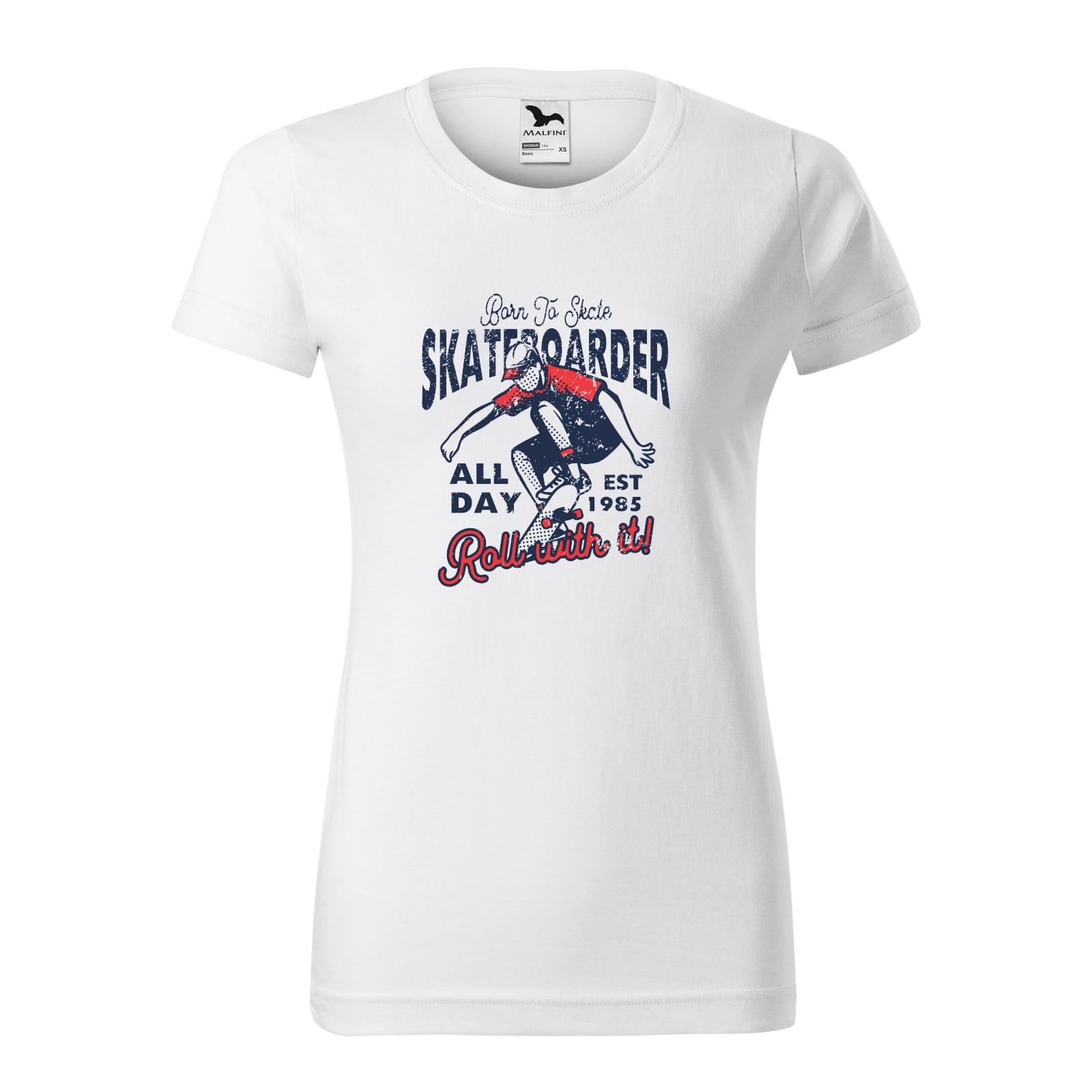 Tricou clasic, la baza gatului, alb, pentru dama, idee de cadou pentru pasionatii de skateboard, Born to Skate All Day, marime S