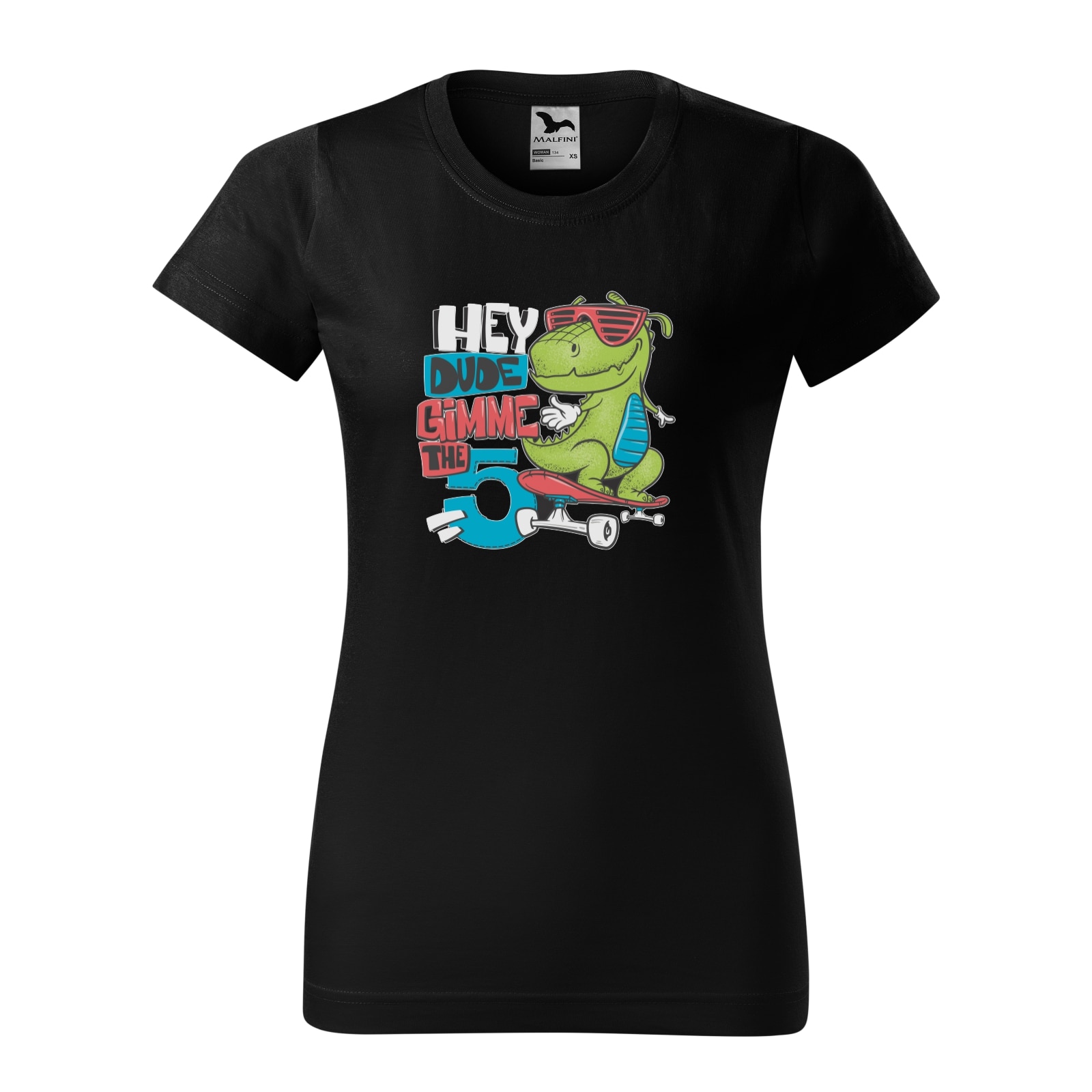 Tricou clasic, la baza gatului, negru, pentru dama, idee de cadou pentru pasionatii de skateboard, Hey Dude Gimme 5, marime XS