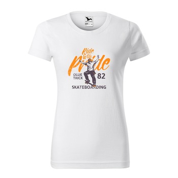 Tricou clasic, la baza gatului, alb, pentru dama, idee de cadou pentru pasionatii de skateboard, Ride with Pride Ollie Trick, marime M Tricou clasic, la baza gatului, alb, pentru dama, idee de cadou pentru pasionatii de skateboard, Ride with Pride Ollie Trick, marime M