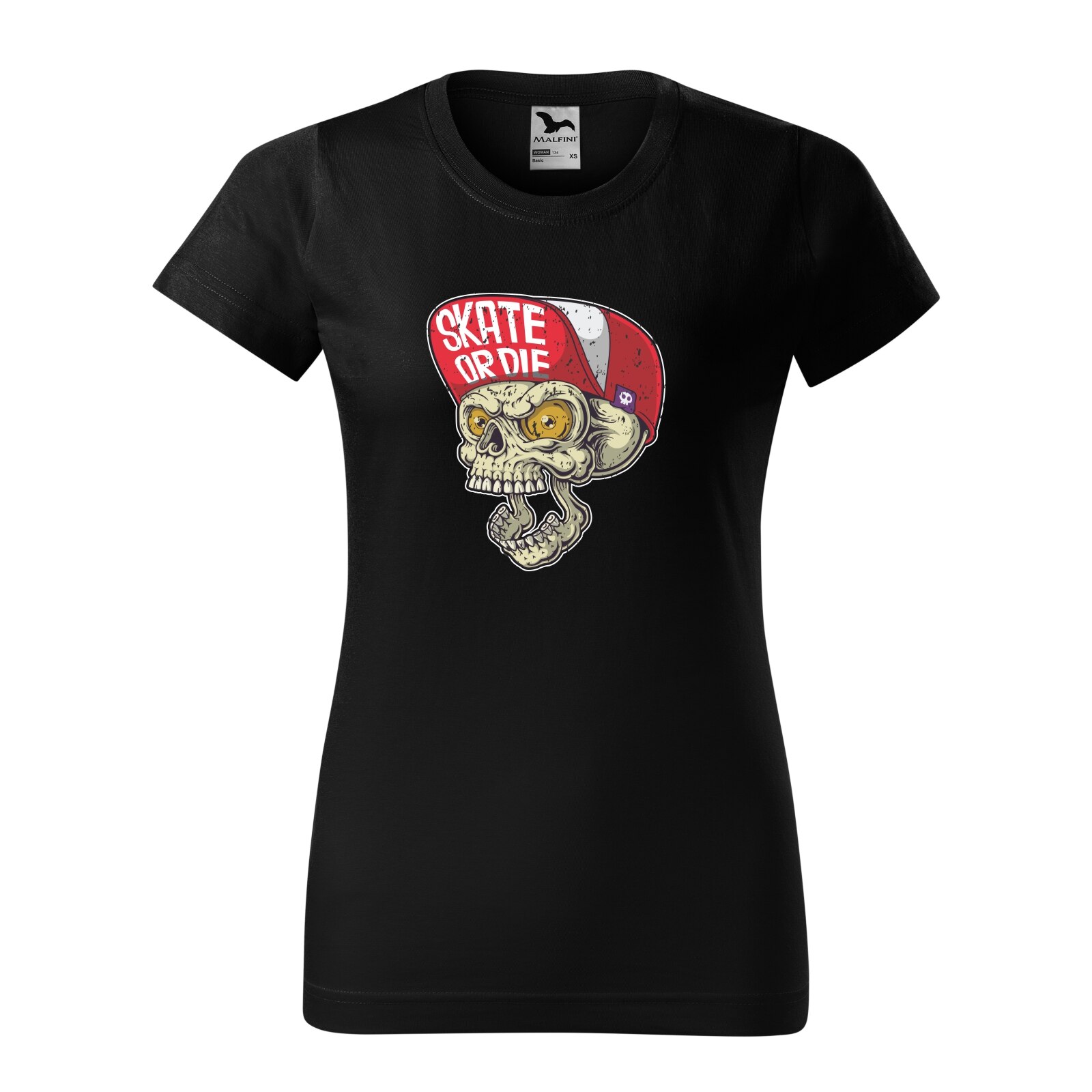 Tricou clasic, la baza gatului, negru, pentru dama, idee de cadou pentru pasionatii de skateboard, Skate or Die Skull, marime L
