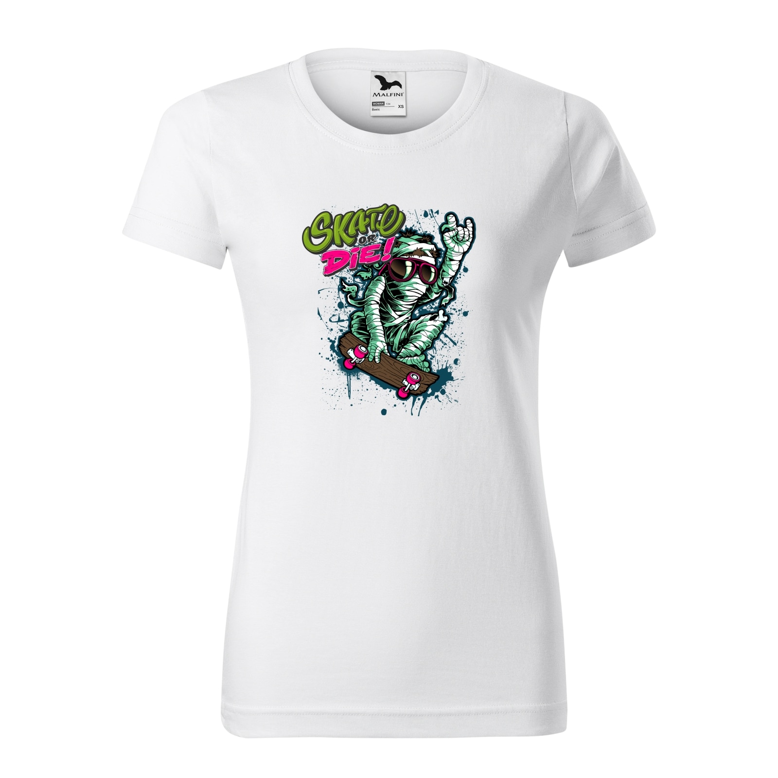 Tricou clasic, la baza gatului, alb, pentru dama, idee de cadou pentru pasionatii de skateboard, Skate or Die Mummy, marime M