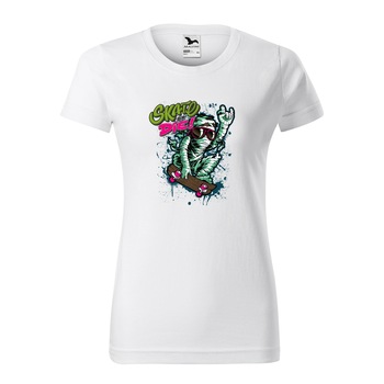 Tricou clasic, la baza gatului, alb, pentru dama, idee de cadou pentru pasionatii de skateboard, Skate or Die Mummy, marime XS Tricou clasic, la baza gatului, alb, pentru dama, idee de cadou pentru pasionatii de skateboard, Skate or Die Mummy, marime XS