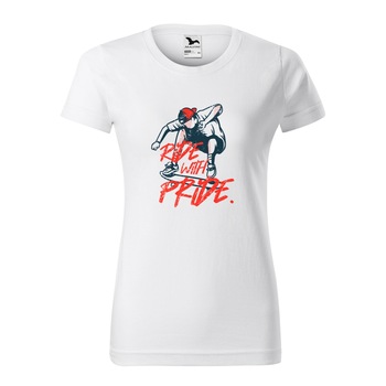 Tricou clasic, la baza gatului, alb, pentru dama, idee de cadou pentru pasionatii de skateboard, Ride with Pride, marime XS Tricou clasic, la baza gatului, alb, pentru dama, idee de cadou pentru pasionatii de skateboard, Ride with Pride, marime XS
