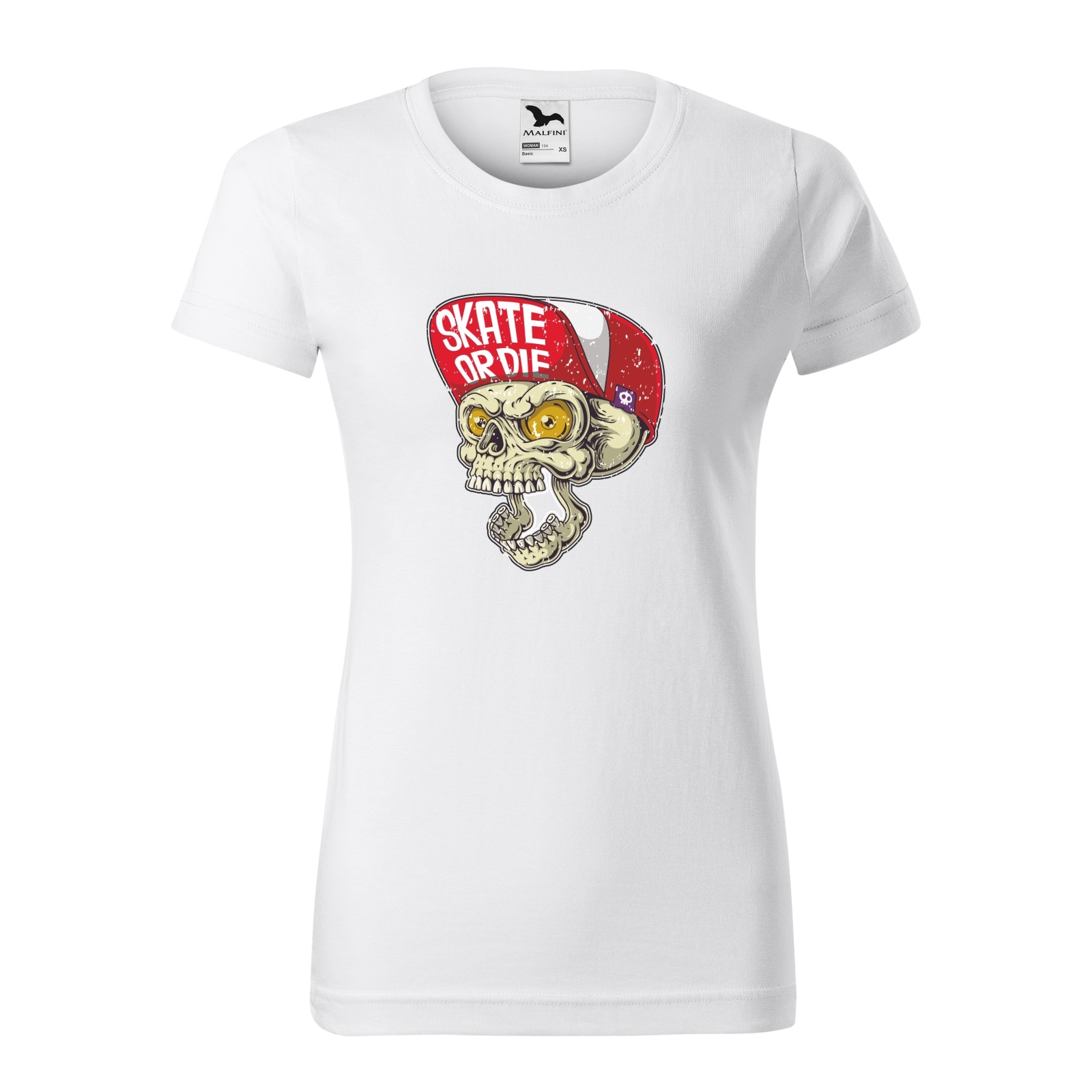 Tricou clasic, la baza gatului, alb, pentru dama, idee de cadou pentru pasionatii de skateboard, Skate or Die Skull, marime 2XL