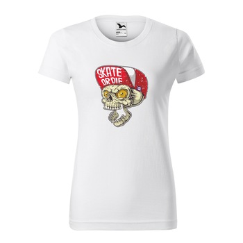 Tricou clasic, la baza gatului, alb, pentru dama, idee de cadou pentru pasionatii de skateboard, Skate or Die Skull, marime XS Tricou clasic, la baza gatului, alb, pentru dama, idee de cadou pentru pasionatii de skateboard, Skate or Die Skull, marime XS