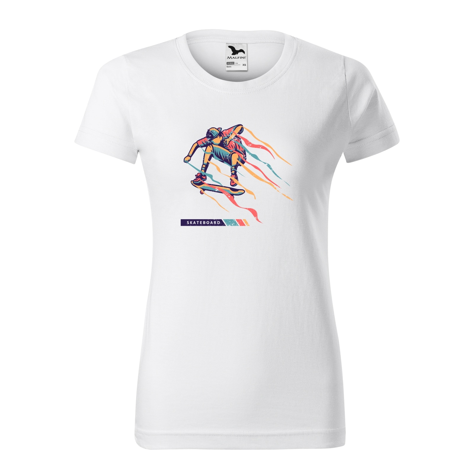 Tricou clasic, la baza gatului, alb, pentru dama, idee de cadou pentru pasionatii de skateboard, Colorfull Skater, marime L