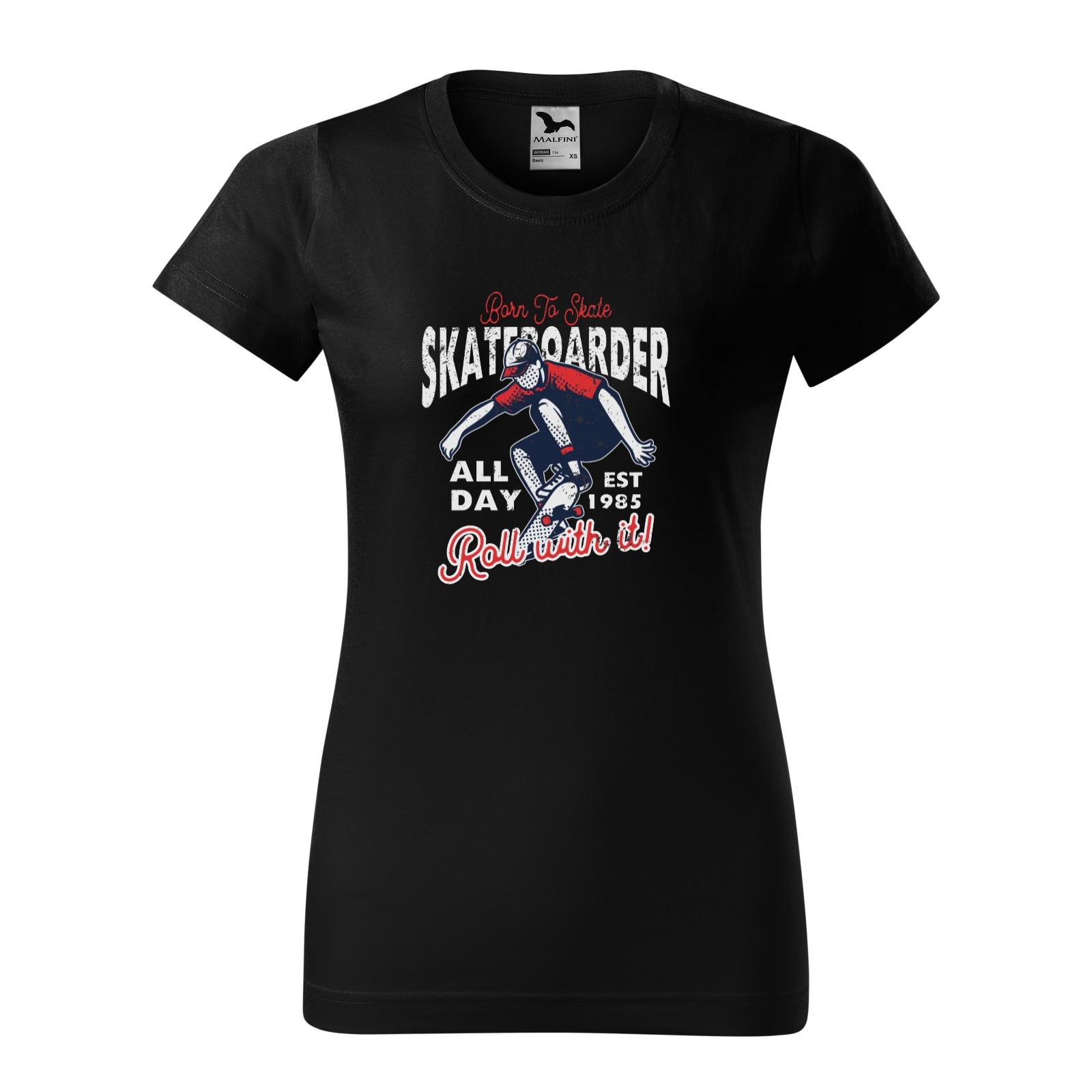 Tricou clasic, la baza gatului, negru, pentru dama, idee de cadou pentru pasionatii de skateboard, Born to Skate All Day, marime S