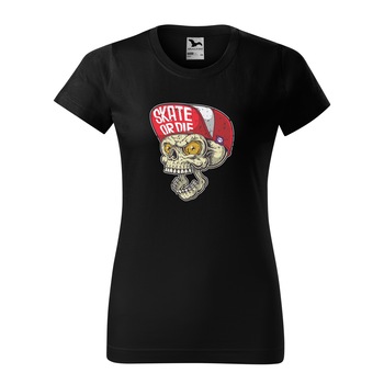 Tricou clasic, la baza gatului, negru, pentru dama, idee de cadou pentru pasionatii de skateboard, Skate or Die Skull, marime S Tricou clasic, la baza gatului, negru, pentru dama, idee de cadou pentru pasionatii de skateboard, Skate or Die Skull, marime S