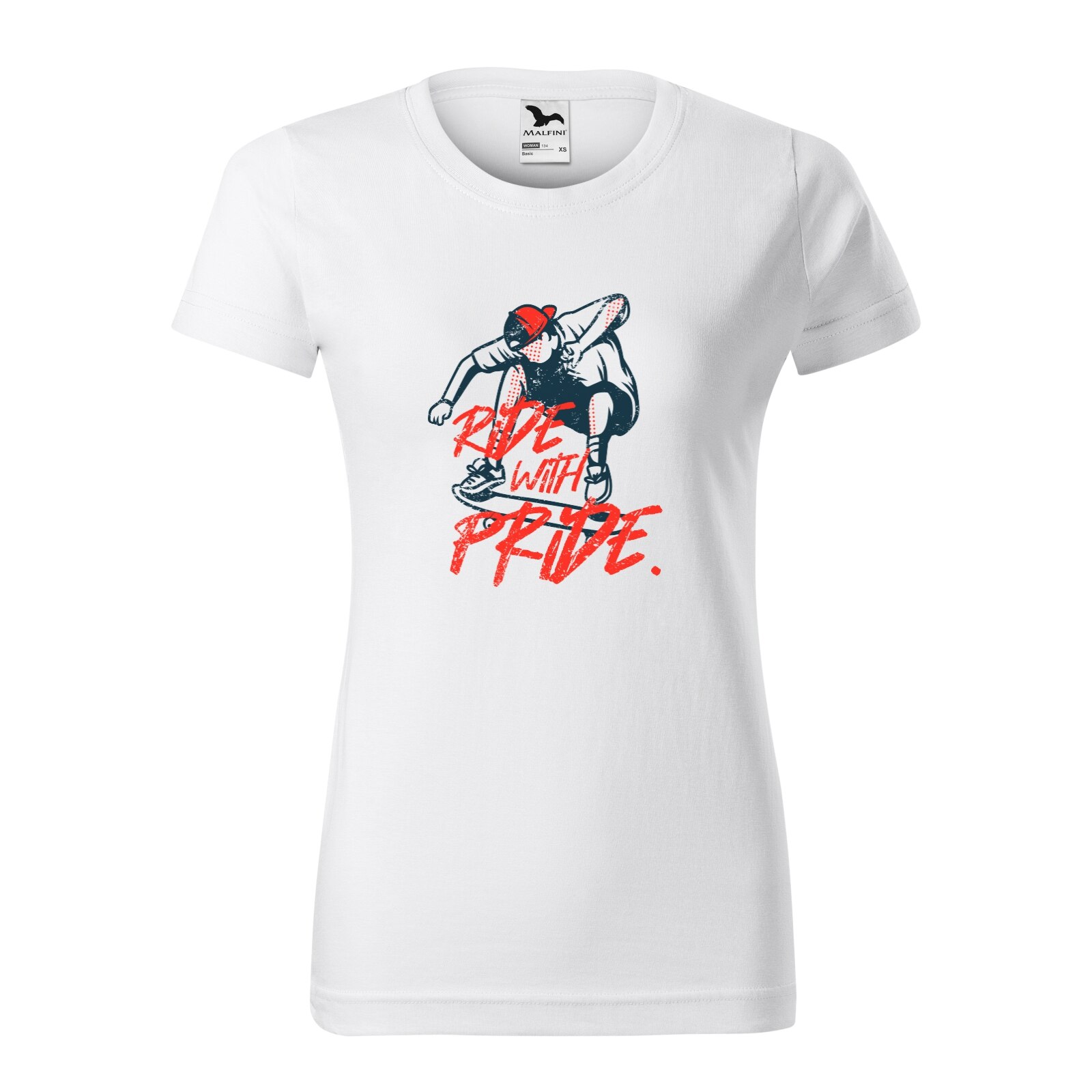 Tricou clasic, la baza gatului, alb, pentru dama, idee de cadou pentru pasionatii de skateboard, Ride with Pride, marime M