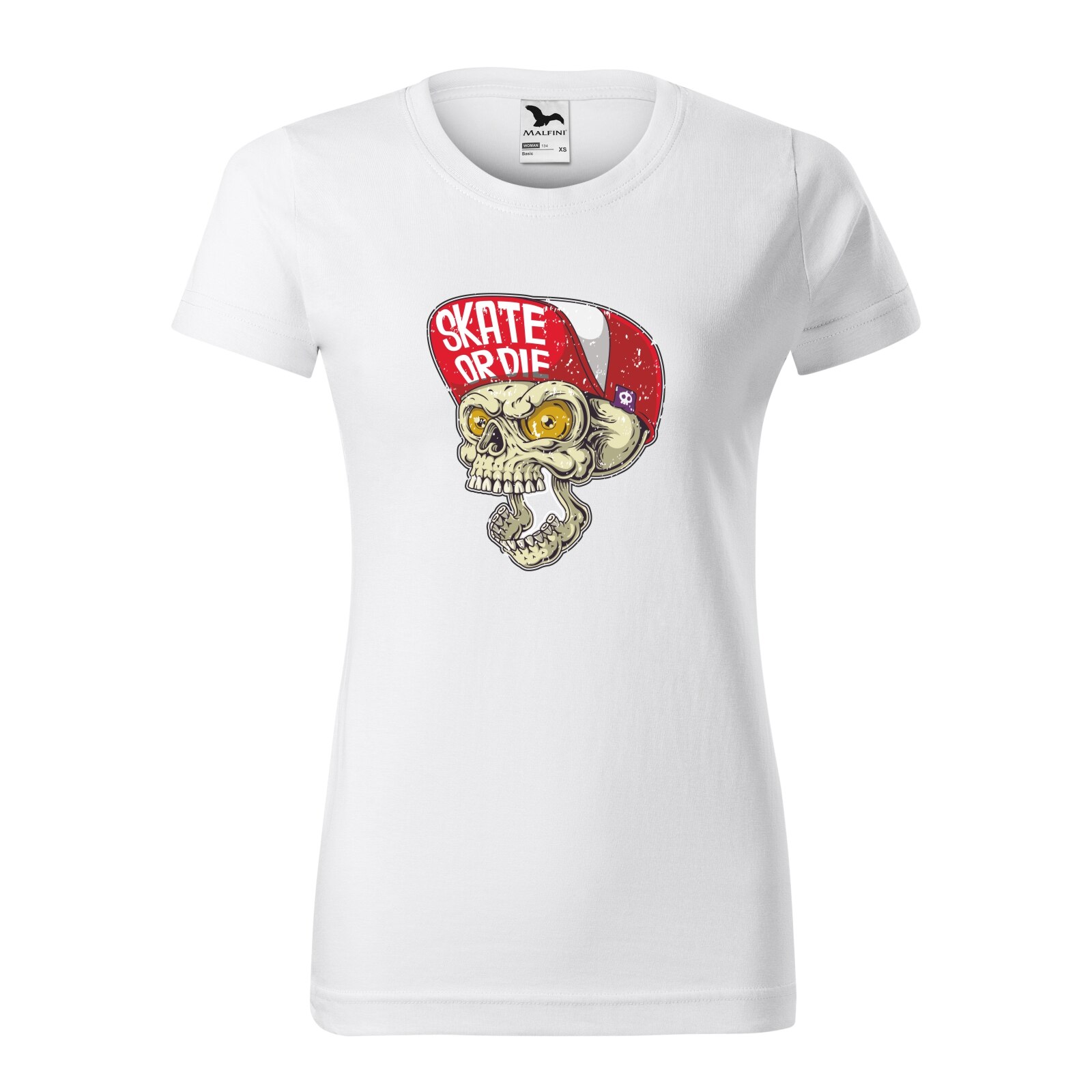 Tricou clasic, la baza gatului, alb, pentru dama, idee de cadou pentru pasionatii de skateboard, Skate or Die Skull, marime S