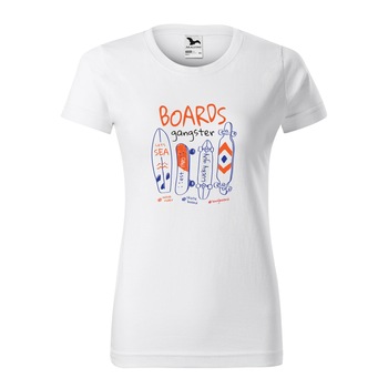 Tricou clasic, la baza gatului, alb, pentru dama, idee de cadou pentru pasionatii de skateboard, Boards Gangster, marime L Tricou clasic, la baza gatului, alb, pentru dama, idee de cadou pentru pasionatii de skateboard, Boards Gangster, marime L