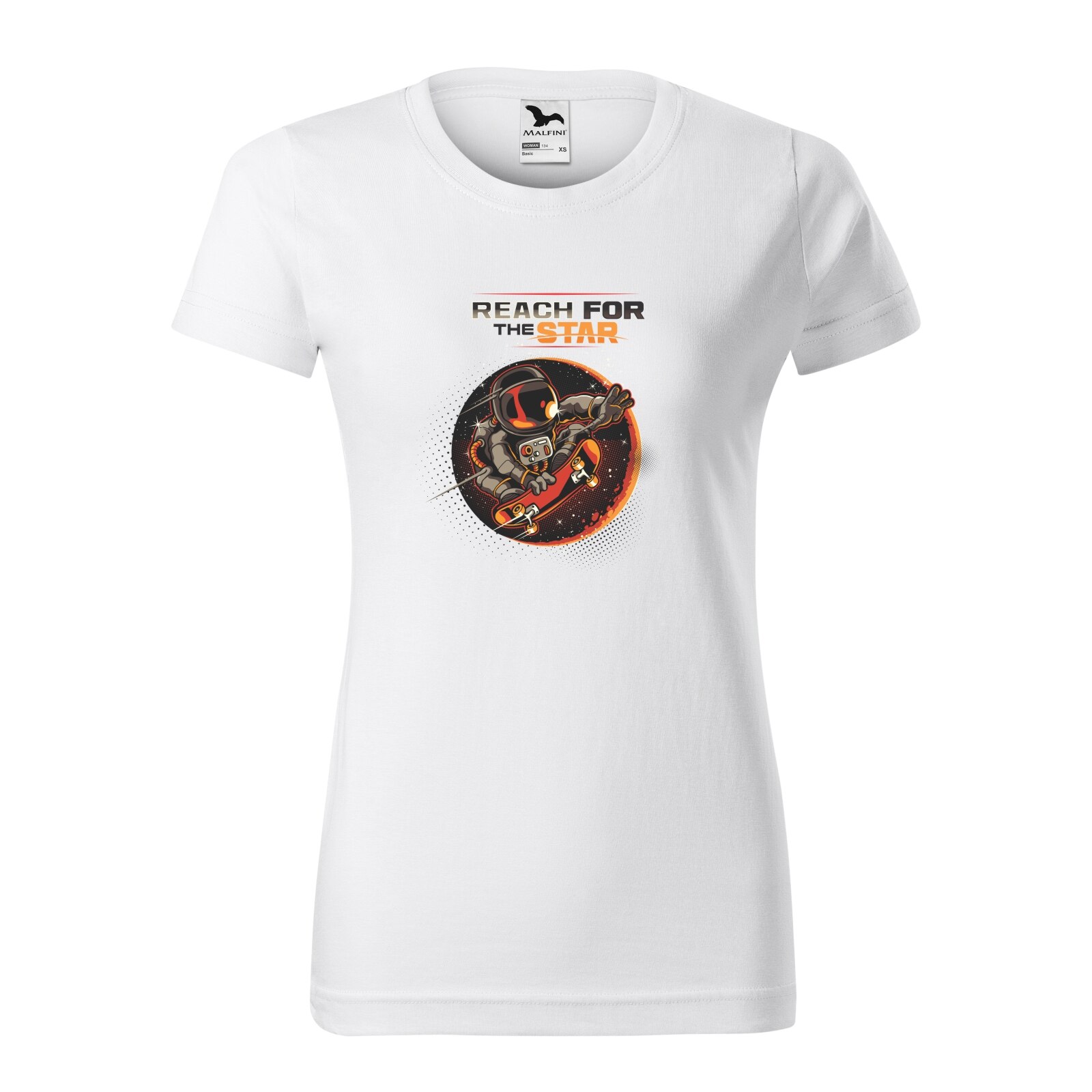 Tricou clasic, la baza gatului, alb, pentru dama, idee de cadou pentru pasionatii de skateboard, Reach for the Star, marime L