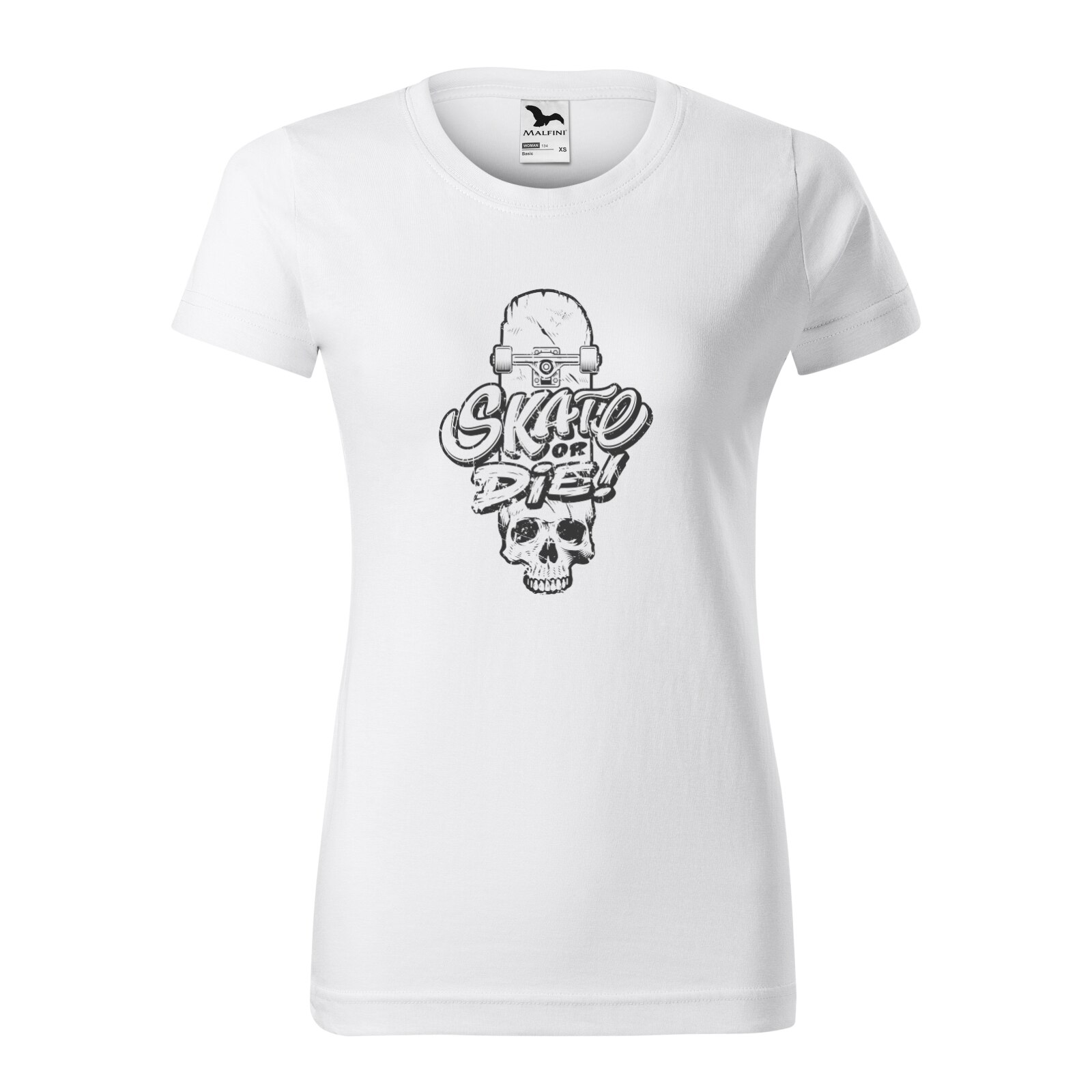 Tricou clasic, la baza gatului, alb, pentru dama, idee de cadou pentru pasionatii de skateboard, Skate or Die Skull on Board, marime XL