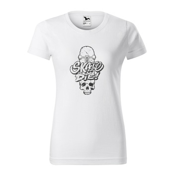 Tricou clasic, la baza gatului, alb, pentru dama, idee de cadou pentru pasionatii de skateboard, Skate or Die Skull on Board, marime M Tricou clasic, la baza gatului, alb, pentru dama, idee de cadou pentru pasionatii de skateboard, Skate or Die Skull on Board, marime M