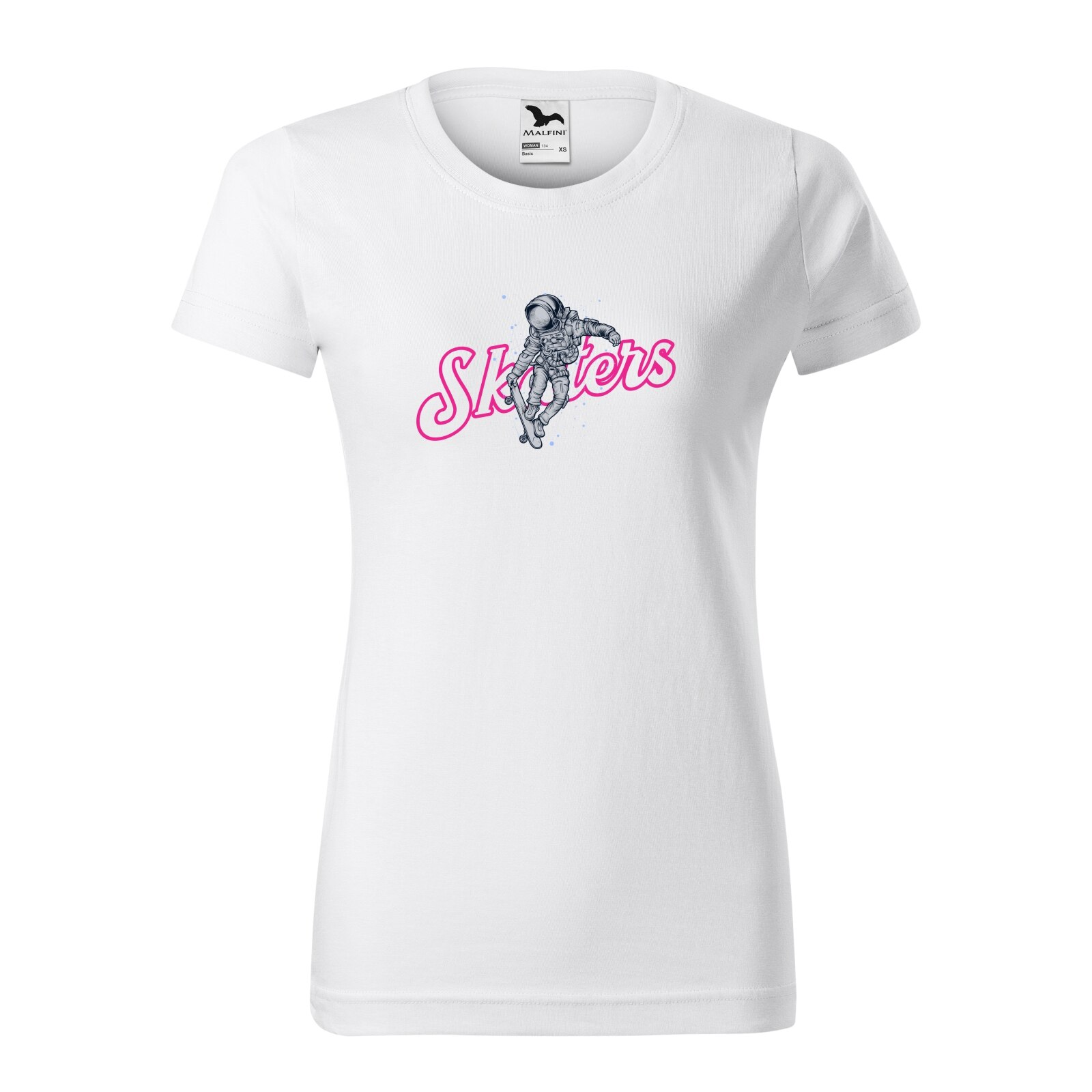 Tricou clasic, la baza gatului, alb, pentru dama, idee de cadou pentru pasionatii de skateboard, Astro Skaters, marime XS