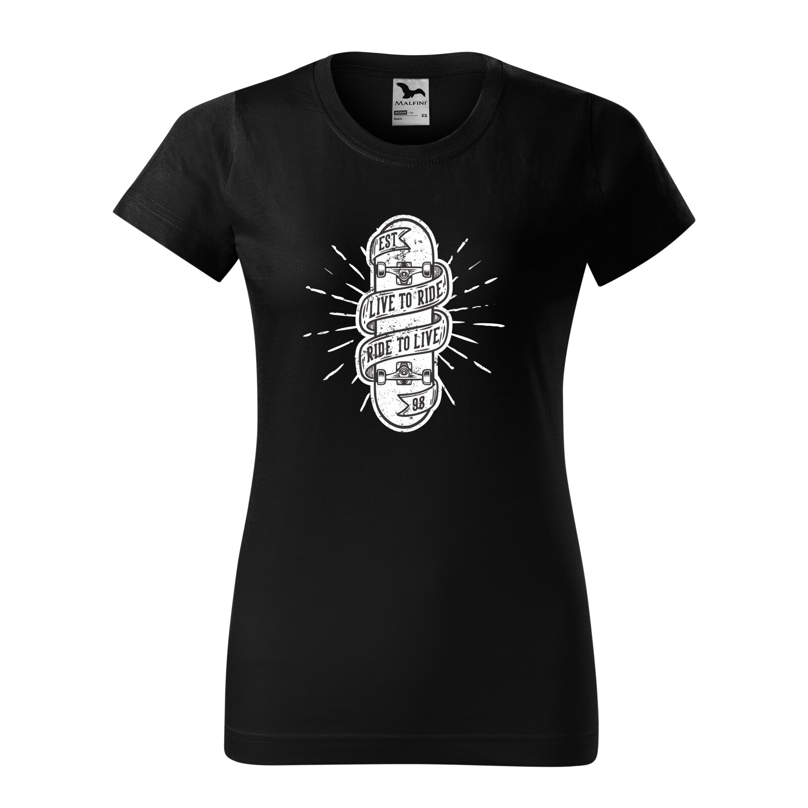 Tricou clasic, la baza gatului, negru, pentru dama, idee de cadou pentru pasionatii de skateboard, Live to Ride, marime XL