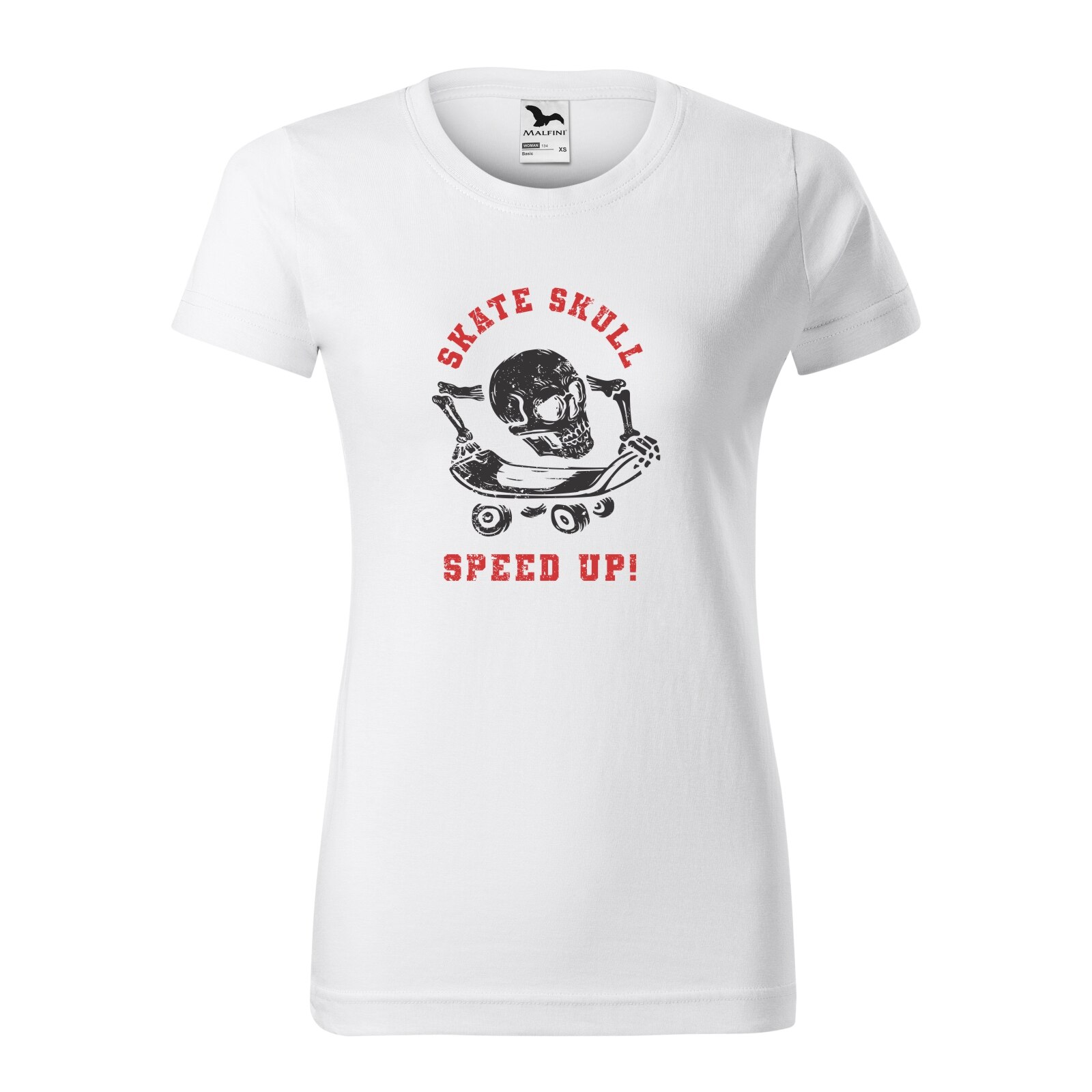 Tricou clasic, la baza gatului, alb, pentru dama, idee de cadou pentru pasionatii de skateboard, Skate Skull SpeedUp, marime XS