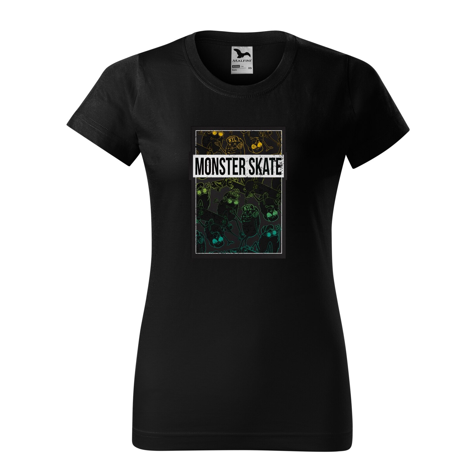 Tricou clasic, la baza gatului, negru, pentru dama, idee de cadou pentru pasionatii de skateboard, Monster Skaters, marime XL