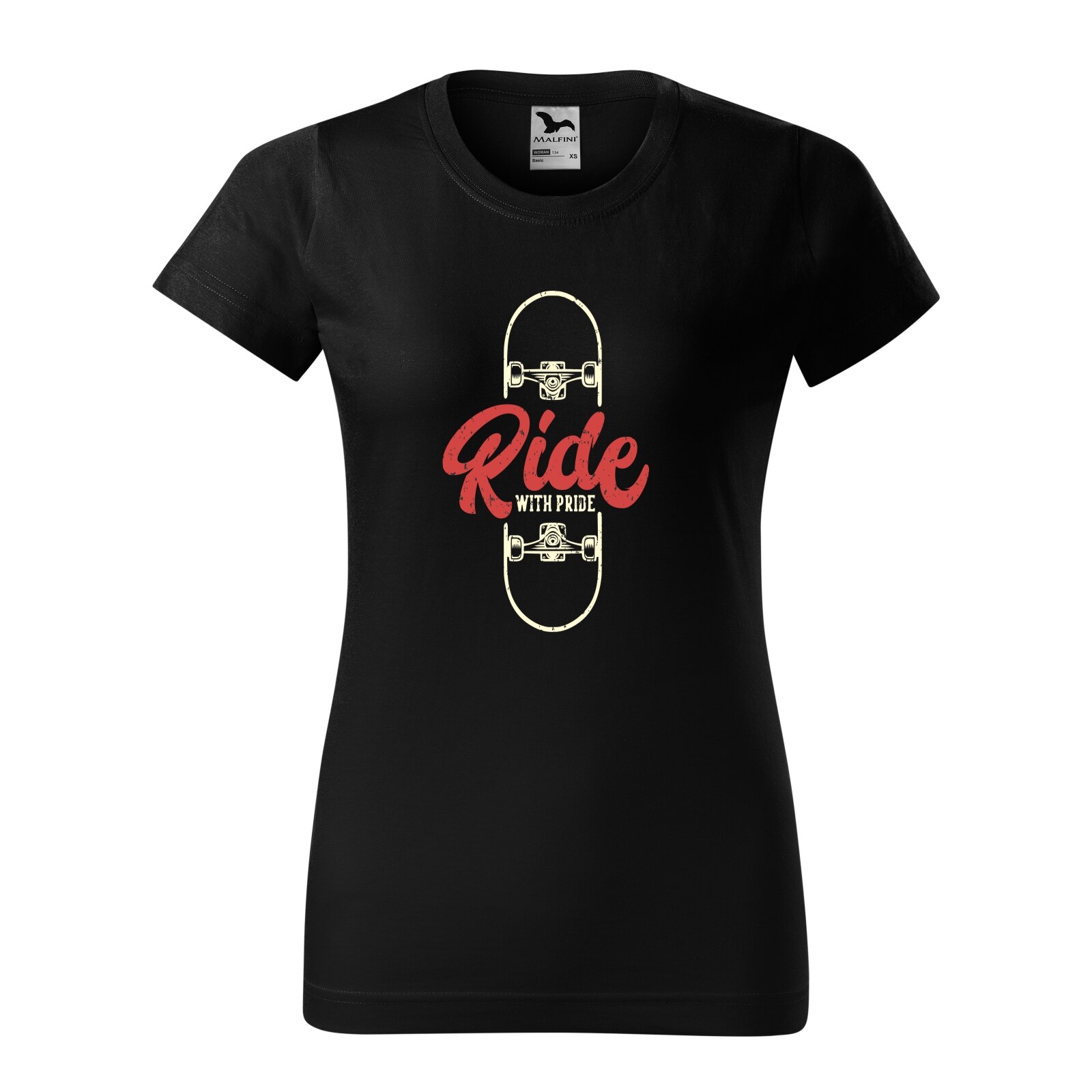 Tricou clasic, la baza gatului, negru, pentru dama, idee de cadou pentru pasionatii de skateboard, Ride Your Board With Pride, marime XL