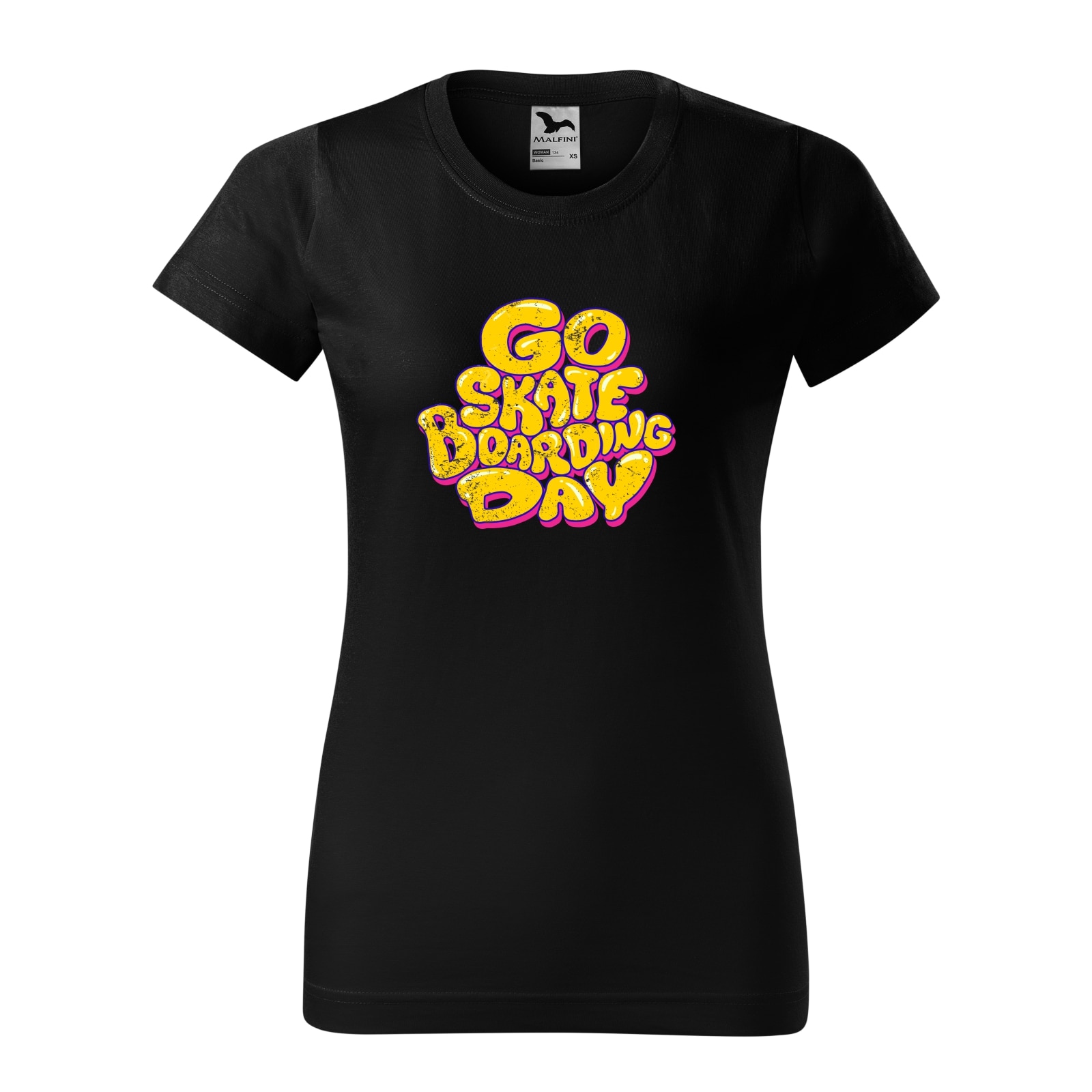 Tricou clasic, la baza gatului, negru, pentru dama, idee de cadou pentru pasionatii de skateboard, Go Skate Boarding Day, marime XS