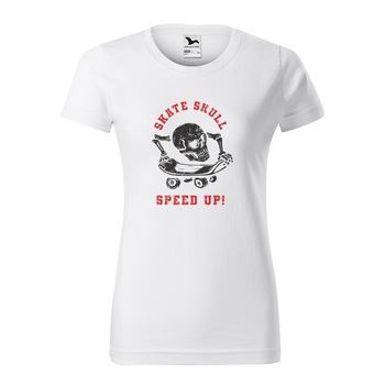 Tricou clasic, la baza gatului, alb, pentru dama, idee de cadou pentru pasionatii de skateboard, Skate Skull SpeedUp, marime L