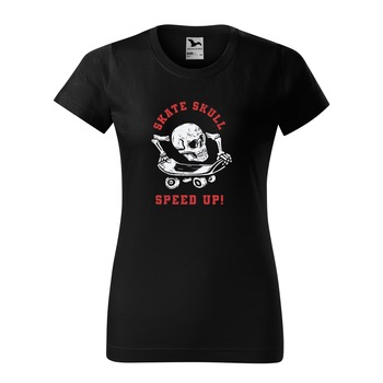 Tricou clasic, la baza gatului, negru, pentru dama, idee de cadou pentru pasionatii de skateboard, Skate Skull SpeedUp, marime 2XL Tricou clasic, la baza gatului, negru, pentru dama, idee de cadou pentru pasionatii de skateboard, Skate Skull SpeedUp, marime 2XL