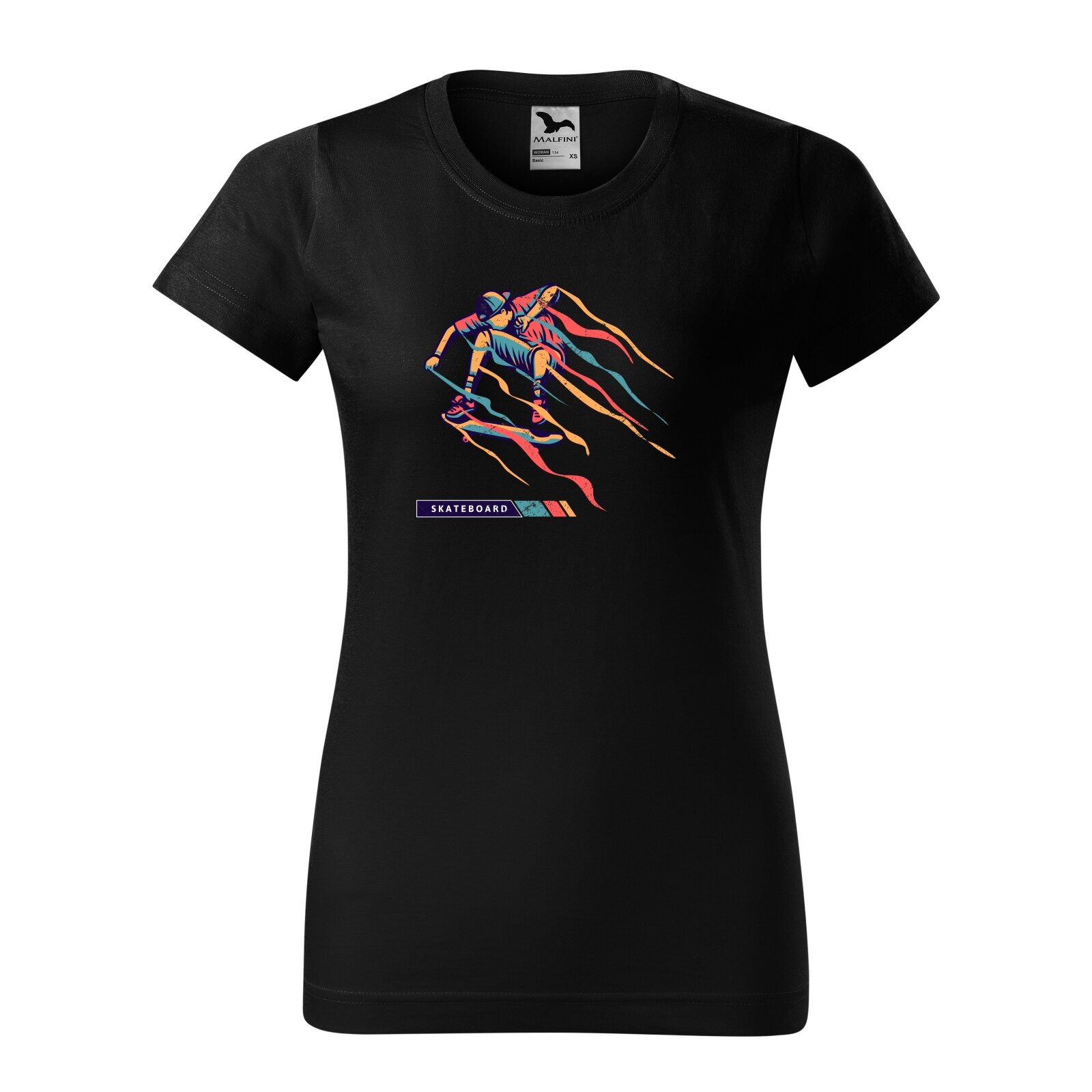 Tricou clasic, la baza gatului, negru, pentru dama, idee de cadou pentru pasionatii de skateboard, Colorfull Skater, marime XL