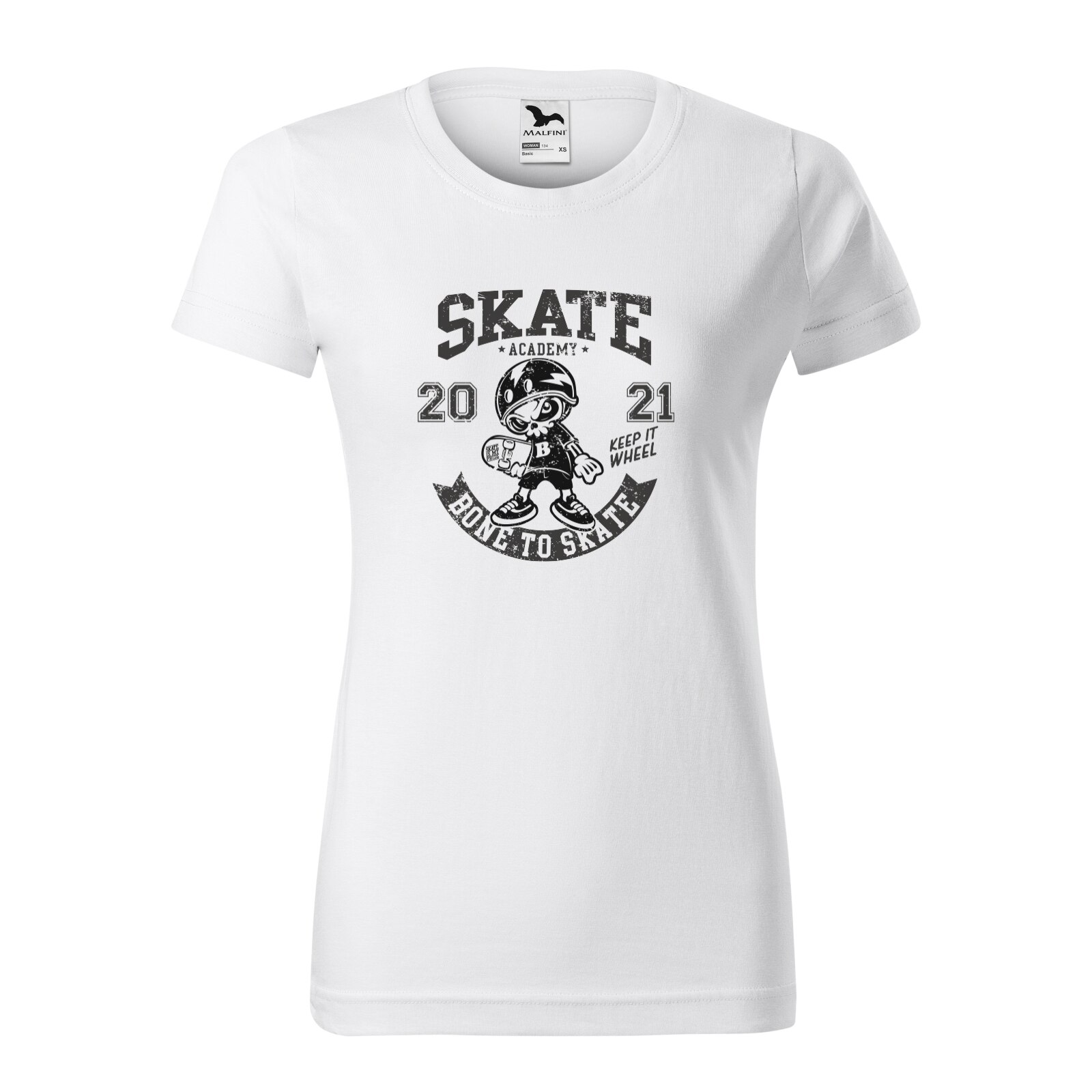 Tricou clasic, la baza gatului, alb, pentru dama, idee de cadou pentru pasionatii de skateboard, Skate Academy, marime L