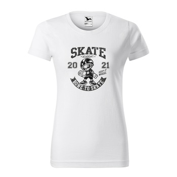 Tricou clasic, la baza gatului, alb, pentru dama, idee de cadou pentru pasionatii de skateboard, Skate Academy, marime XS Tricou clasic, la baza gatului, alb, pentru dama, idee de cadou pentru pasionatii de skateboard, Skate Academy, marime XS