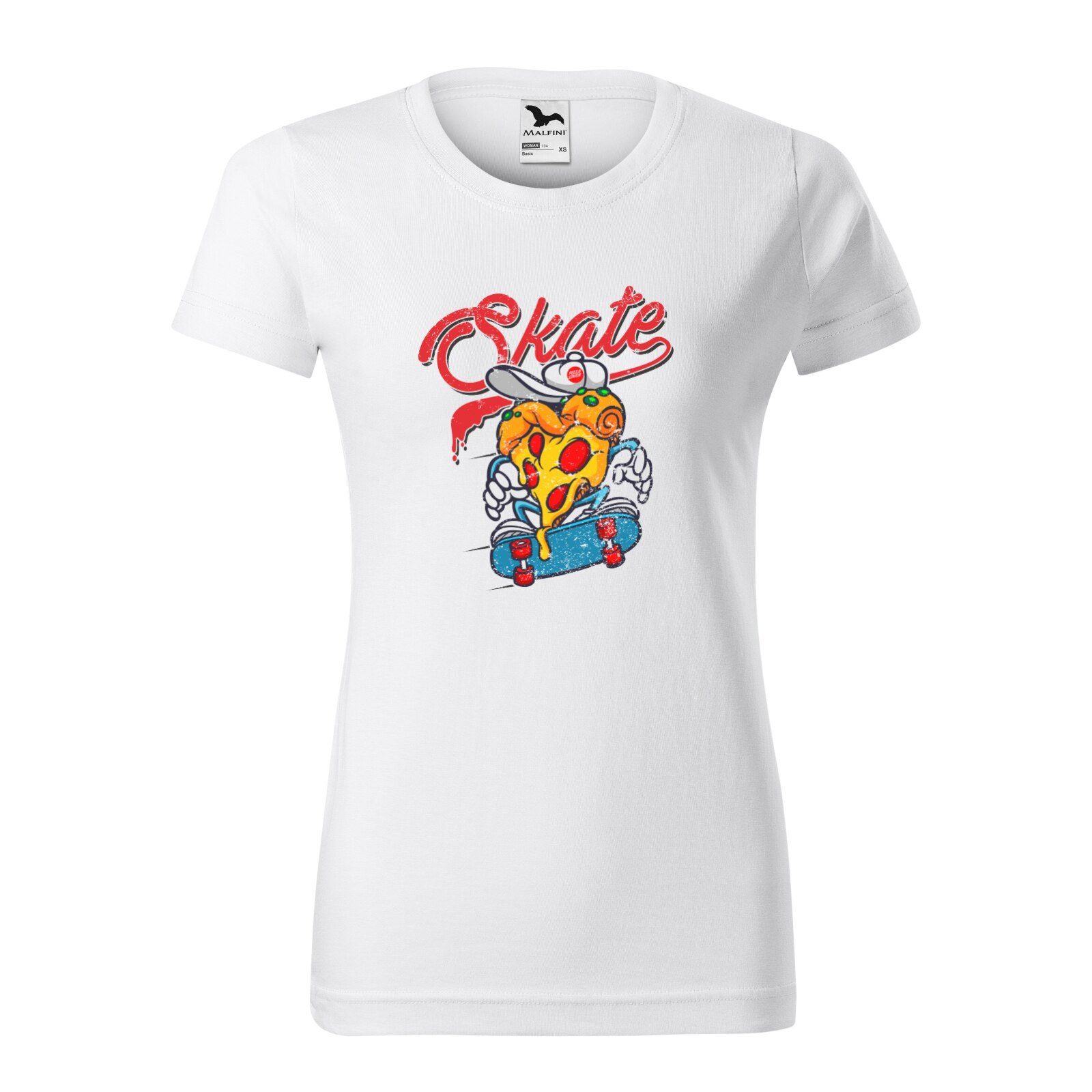 Tricou clasic, la baza gatului, alb, pentru dama, idee de cadou pentru pasionatii de skateboard, Pizza Lover Skater, marime XS