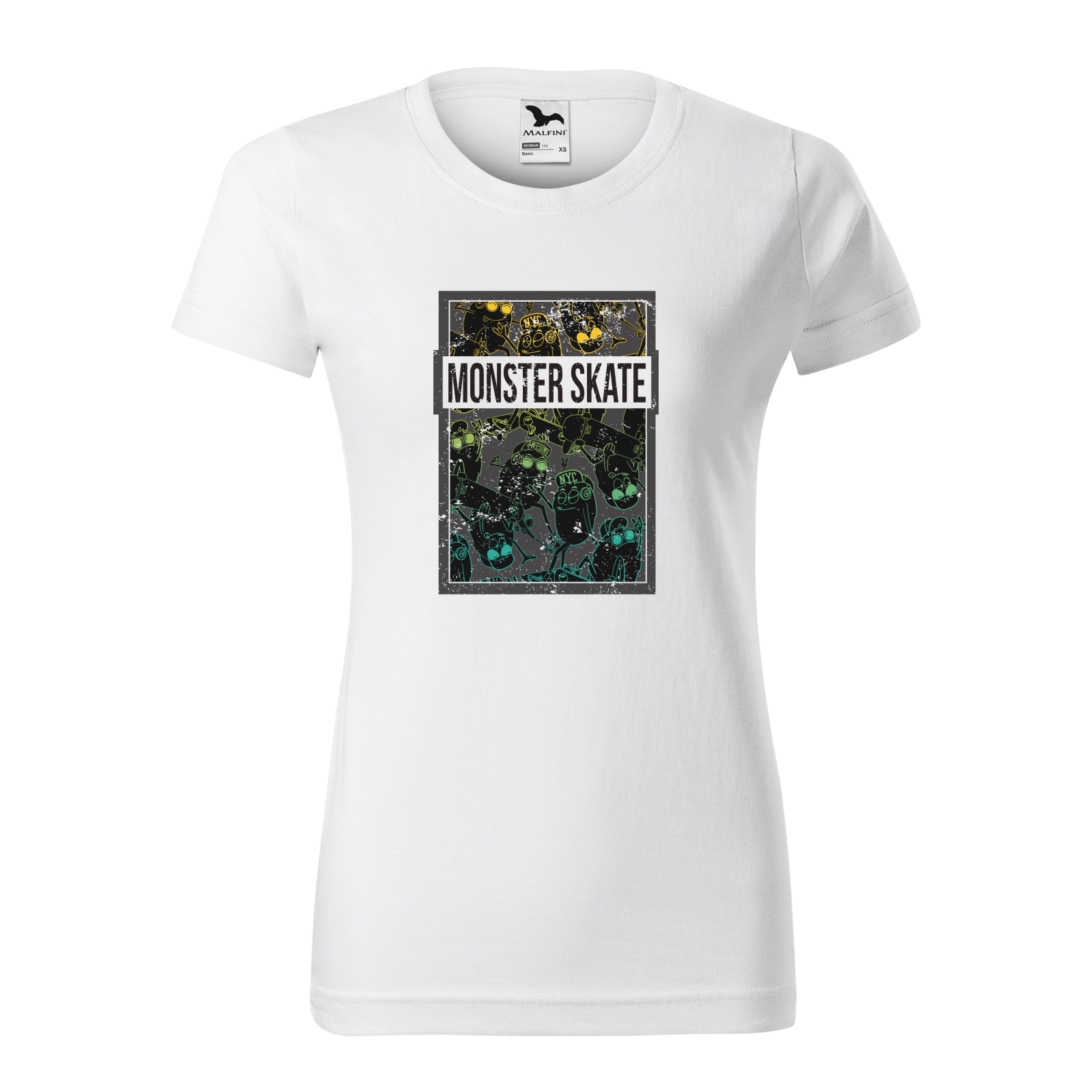 Tricou clasic, la baza gatului, alb, pentru dama, idee de cadou pentru pasionatii de skateboard, Monster Skaters, marime XS