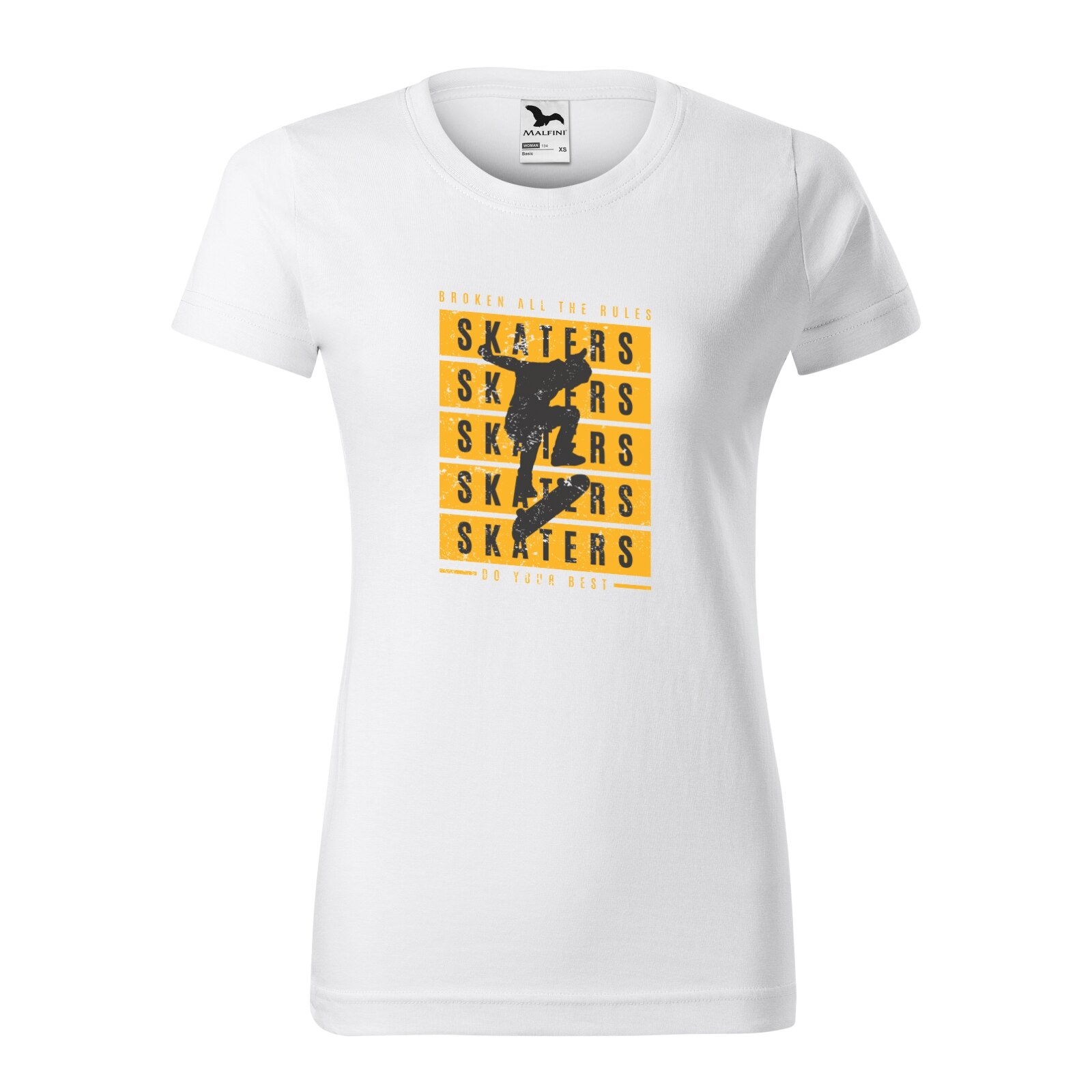 Tricou clasic, la baza gatului, alb, pentru dama, idee de cadou pentru pasionatii de skateboard, Skate Broke all the Rules, marime M