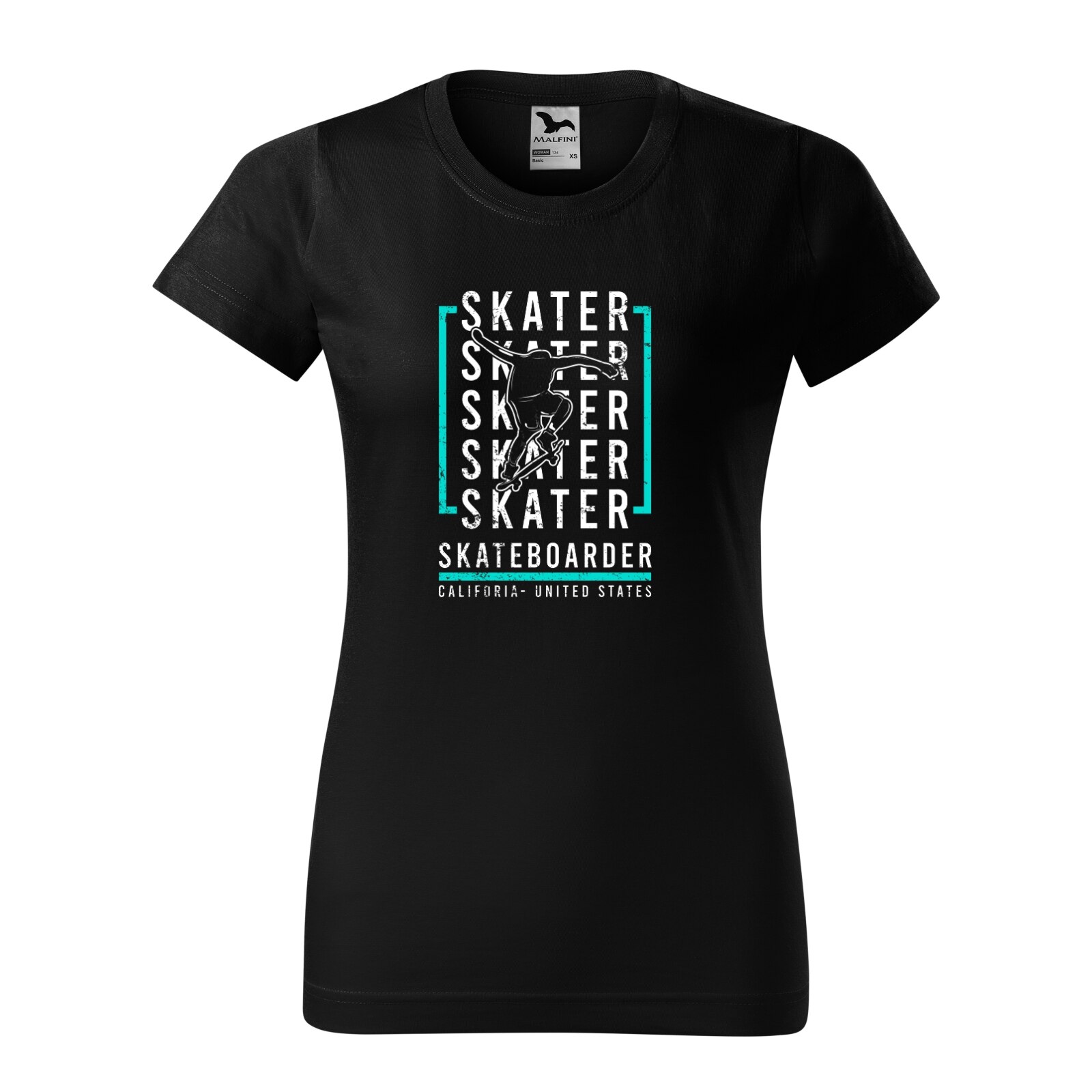 Tricou clasic, la baza gatului, negru, pentru dama, idee de cadou pentru pasionatii de skateboard, California Skaters, marime S