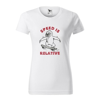 Tricou clasic, la baza gatului, alb, pentru dama, idee de cadou pentru pasionatii de skateboard, Speed is Relative, marime XS